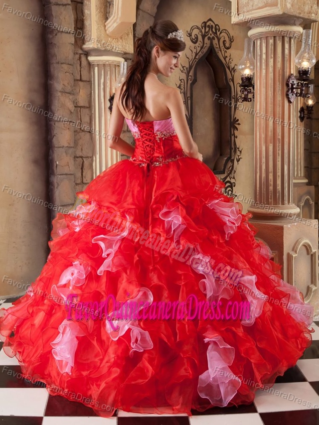Beaded Strapless Red and Pink Ruched Organza Quinceanera Dresses with Ruffles