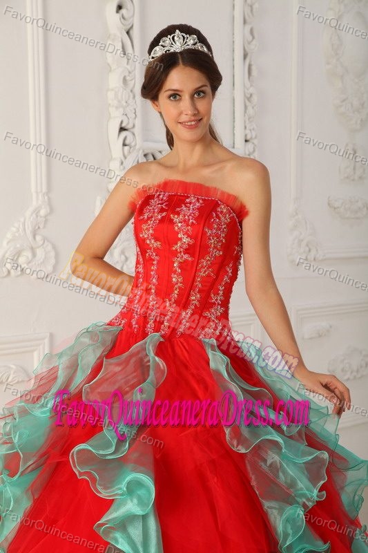 Nice Red and Green Organza Strapless Quinceanera Gown with Ruffles and Beading