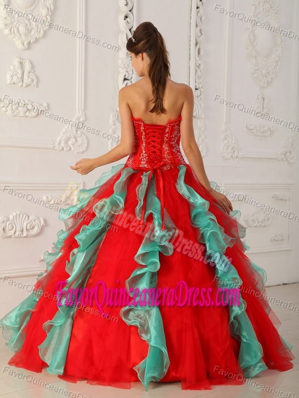 Nice Red and Green Organza Strapless Quinceanera Gown with Ruffles and Beading
