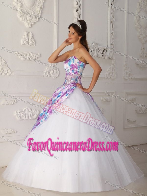 Floral Printed Sweetheart White Tulle Quinceanera Dresses with Beading for 2013