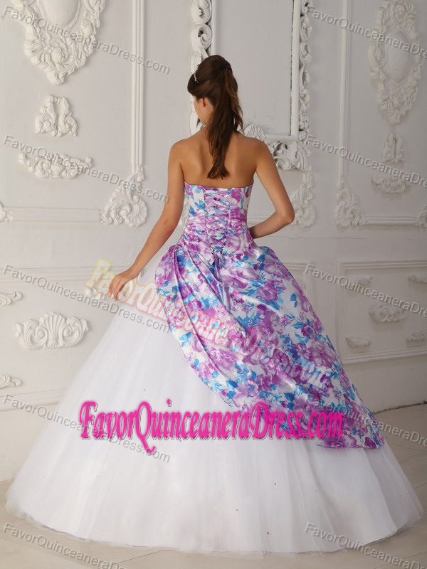 Floral Printed Sweetheart White Tulle Quinceanera Dresses with Beading for 2013