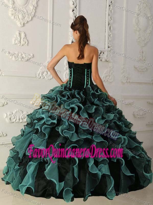 Sweetheart Aqua Blue and Black Organza Ruffled Dresses for Quince with Beading