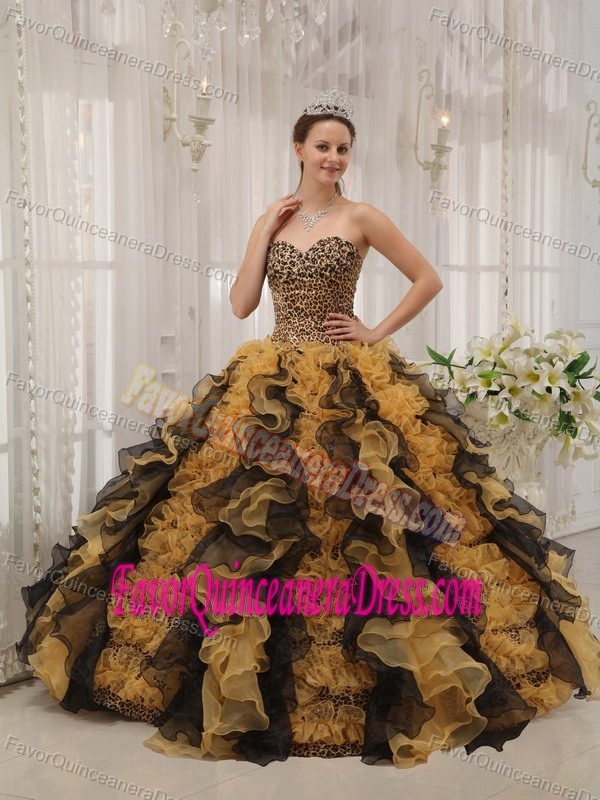 Dreamy Sweetheart Leopard Multi-colored Organza Quinceanera Dress with Ruffles