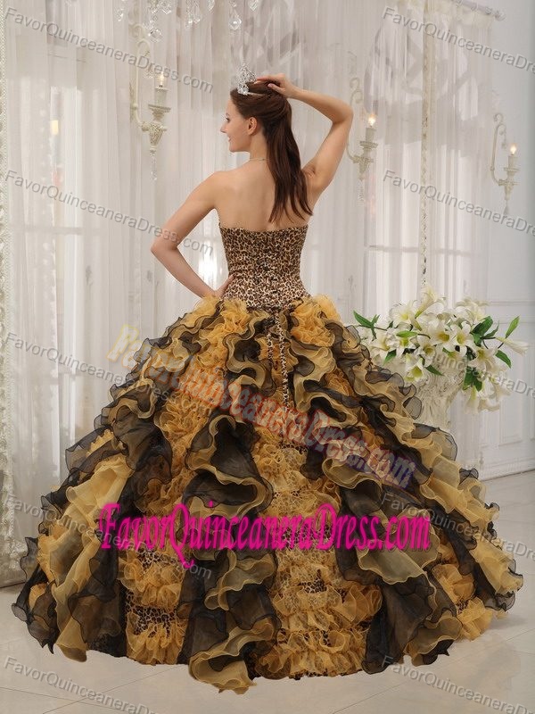 Dreamy Sweetheart Leopard Multi-colored Organza Quinceanera Dress with Ruffles
