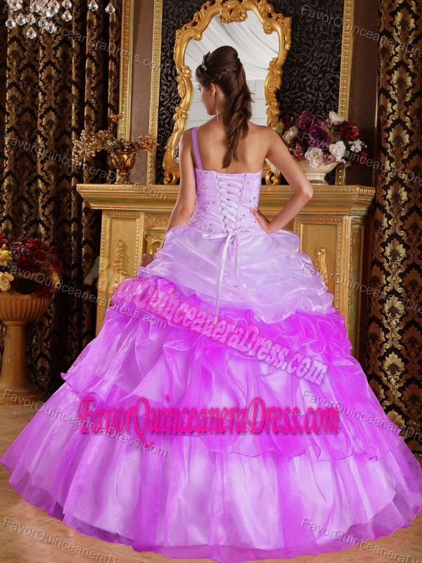 Cute Lavender One-shoulder Appliqued Organza Quinceanera Dress with Pick-ups