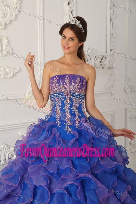 Blue Strapless Floor-length Organza Quinceanera Dress with Ruffles and Appliques