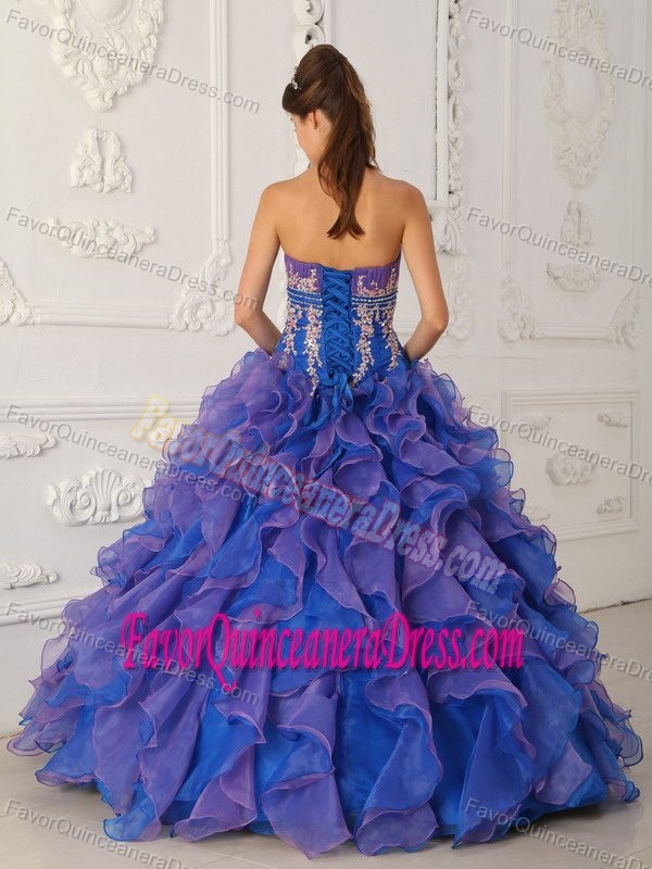 Blue Strapless Floor-length Organza Quinceanera Dress with Ruffles and Appliques