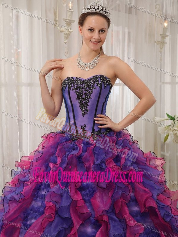 Pretty Multi-colored Beaded Sweetheart Organza Quinceanera Dress with Ruffles