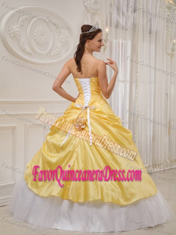 Yellow Taffeta White Tulle Strapless Dresses for Quince with Pick-ups and Flowers