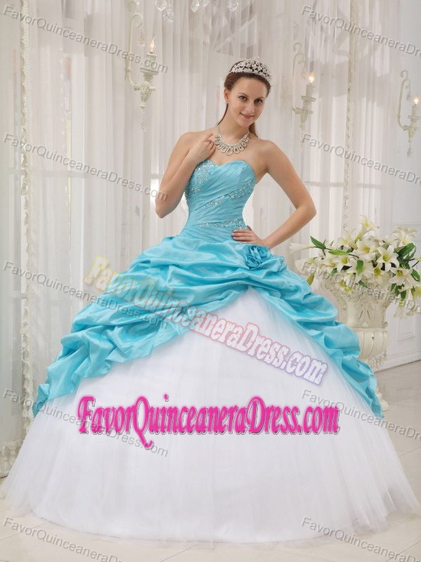 Blue Sweetheart White Tulle and Taffeta Beaded Quinceanera Dress with Pick-ups