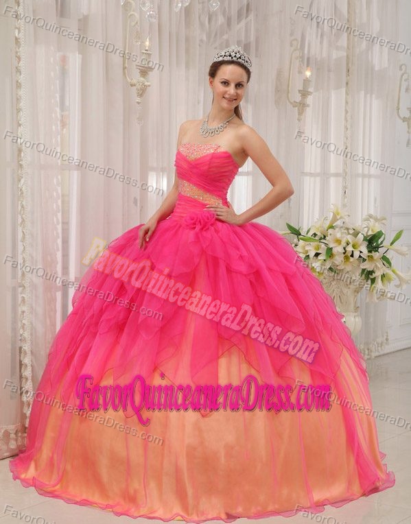 Romantic Hot Pink and Yellow Strapless Layered Dress for Sweet 16 with Beading