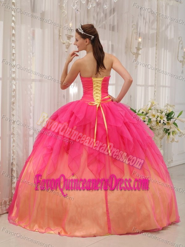 Romantic Hot Pink and Yellow Strapless Layered Dress for Sweet 16 with Beading