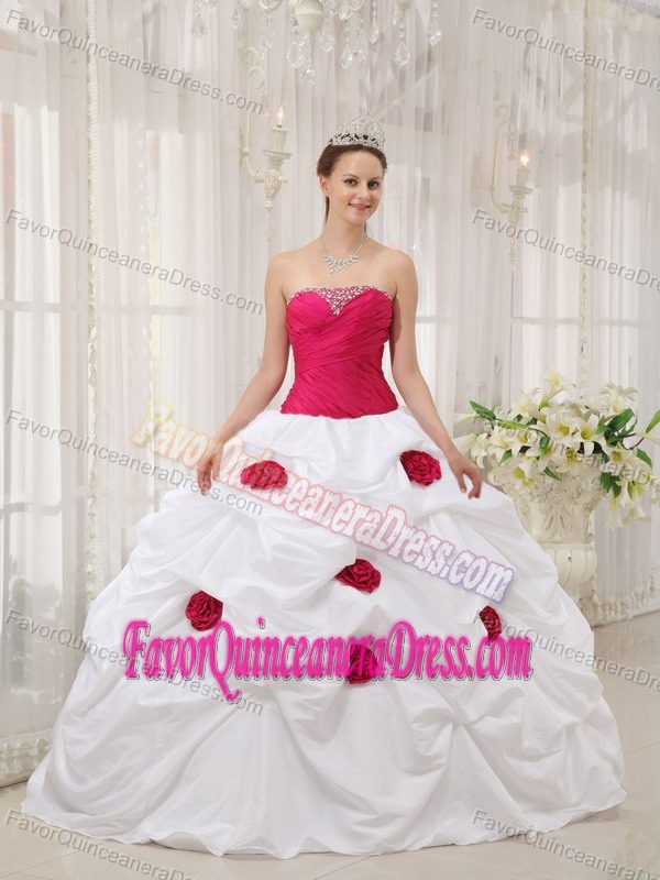 Beaded Hot Pink and White Taffeta Sweet 16 Dresses with Pick-ups and Flowers
