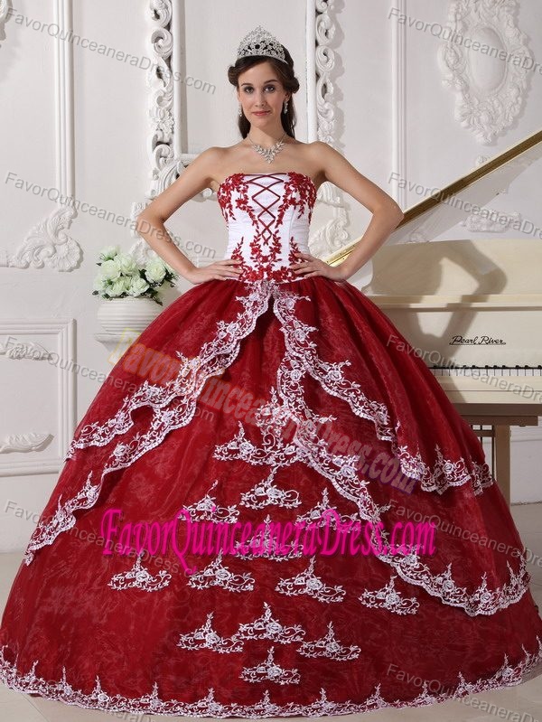 Perfect Wine Red and White Strapless Organza Quinceanera Dress with Appliques