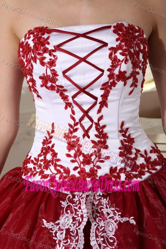 Perfect Wine Red and White Strapless Organza Quinceanera Dress with Appliques