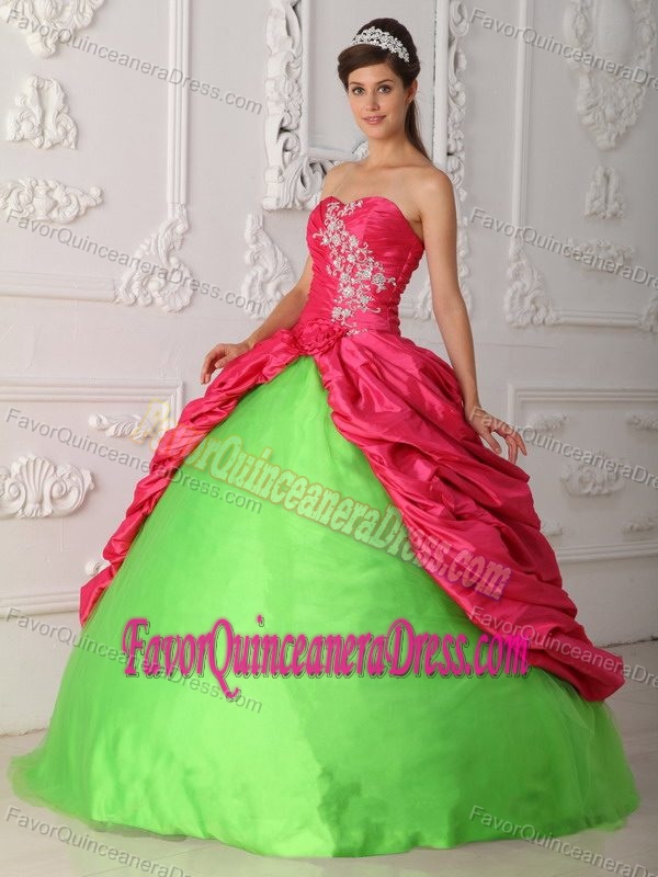 Fuchsia Green Sweetheart Taffeta Quinceanera Dress with Pick-ups and Appliques