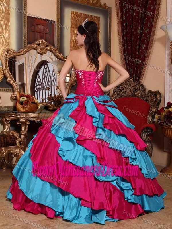 Unique Blue and Red Strapless Floor-length Embroidered Taffeta Quinceanera Dress