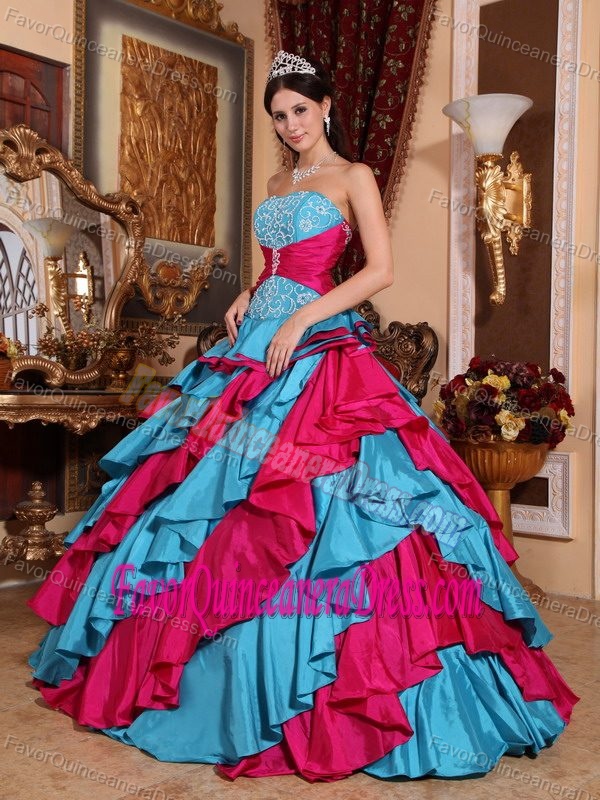 Unique Blue and Red Strapless Floor-length Embroidered Taffeta Quinceanera Dress