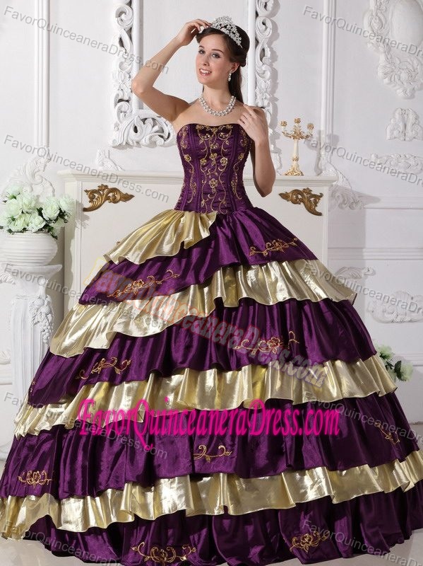 Purple and Gold Strapless Taffeta Quinceanera Dress with Layers and Embroidery