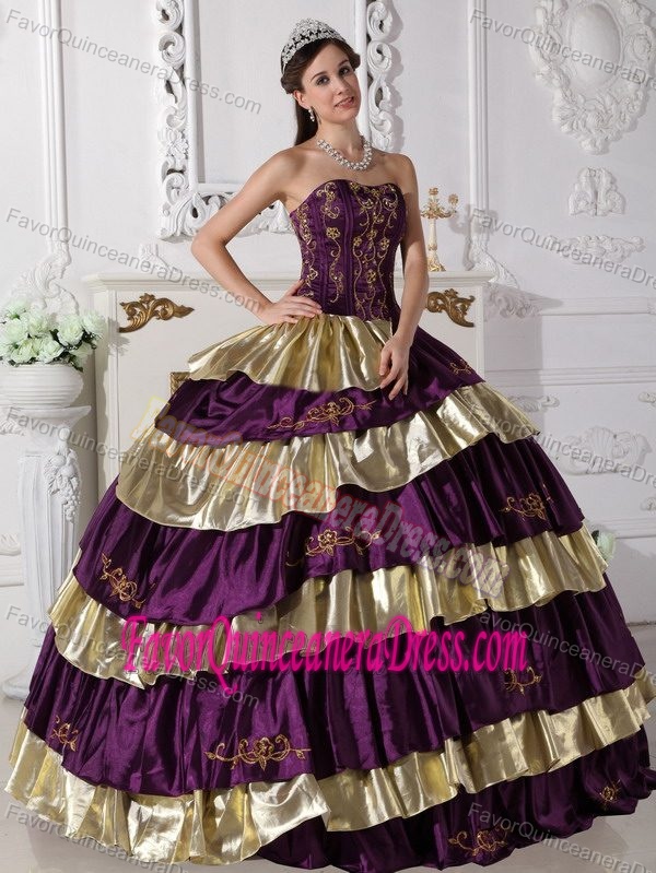 Purple and Gold Strapless Taffeta Quinceanera Dress with Layers and Embroidery
