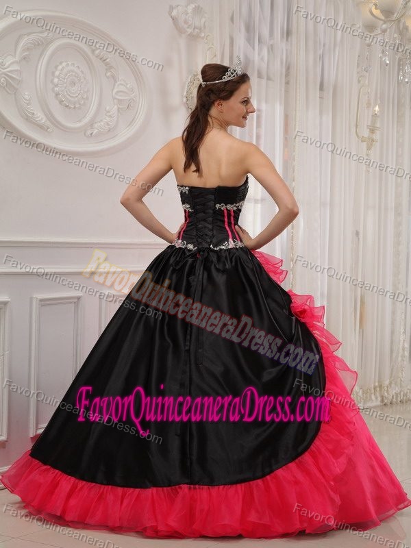 Black Satin and Red Organza Sweetheart Dress for Quince with Ruffles and Beading