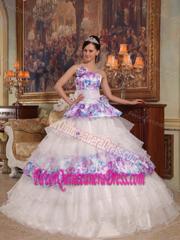 Nice Spaghetti Straps Printed and White Organza Quinceanera Dress with Flowers