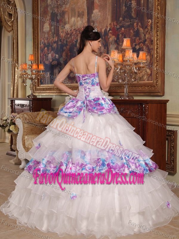 Nice Spaghetti Straps Printed and White Organza Quinceanera Dress with Flowers
