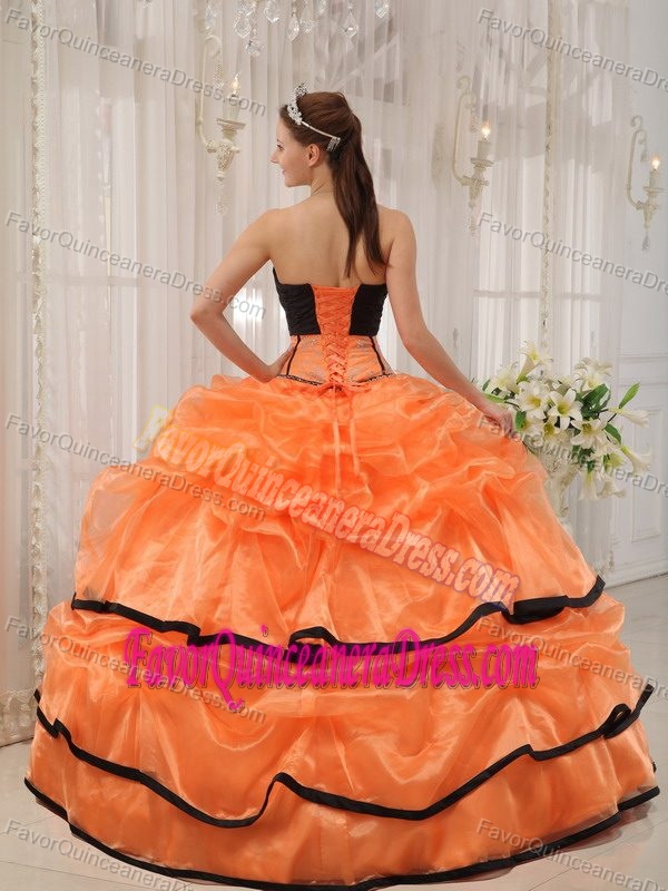 Black and Orange Strapless Appliqued Organza Dresses for Quince with Pick-ups