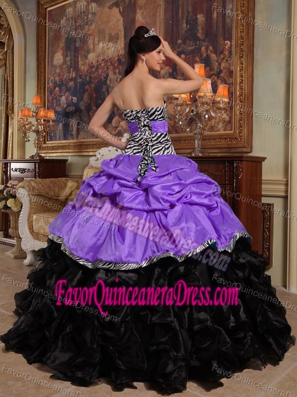 Newest Zebra Purple Taffeta and Black Organza Quinceanera Dress with Pick-ups