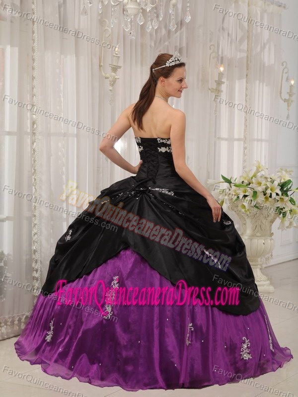Strapless Black and Purple Appliqued Taffeta Dresses for Quince with Pick-ups