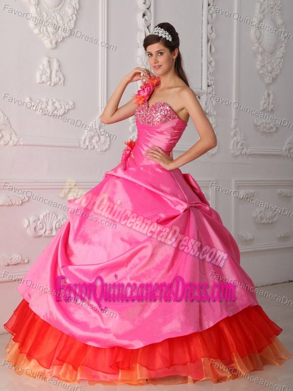 One-shoulder Pink Taffeta and Red Organza Quinceanera Dresses with Pick-ups