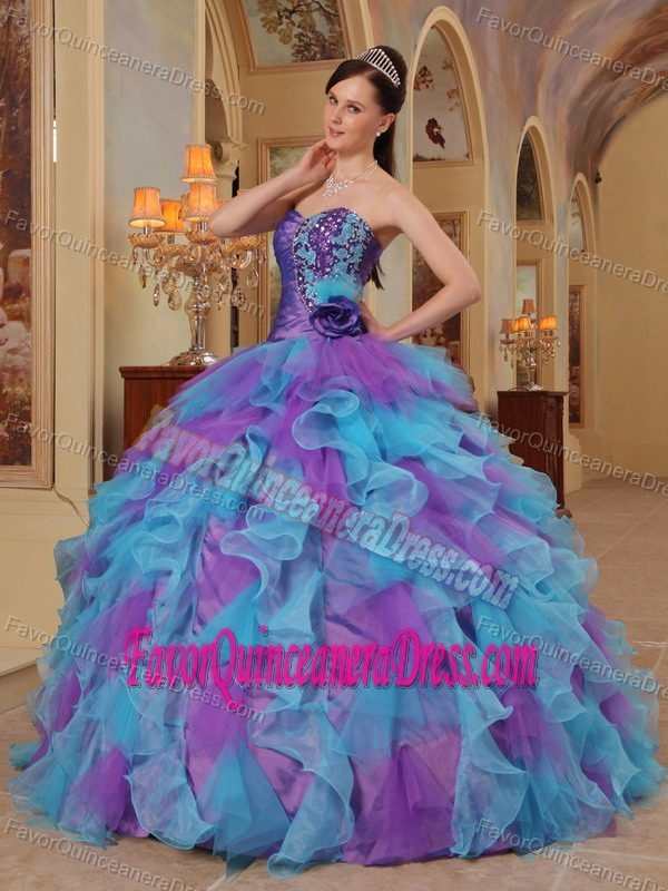 Best Purple and Aqua Sweetheart Organza Beaded Quinceanera Dress with Ruffles