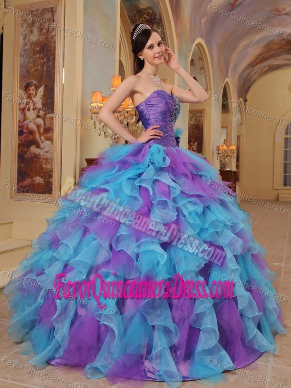 Best Purple and Aqua Sweetheart Organza Beaded Quinceanera Dress with Ruffles