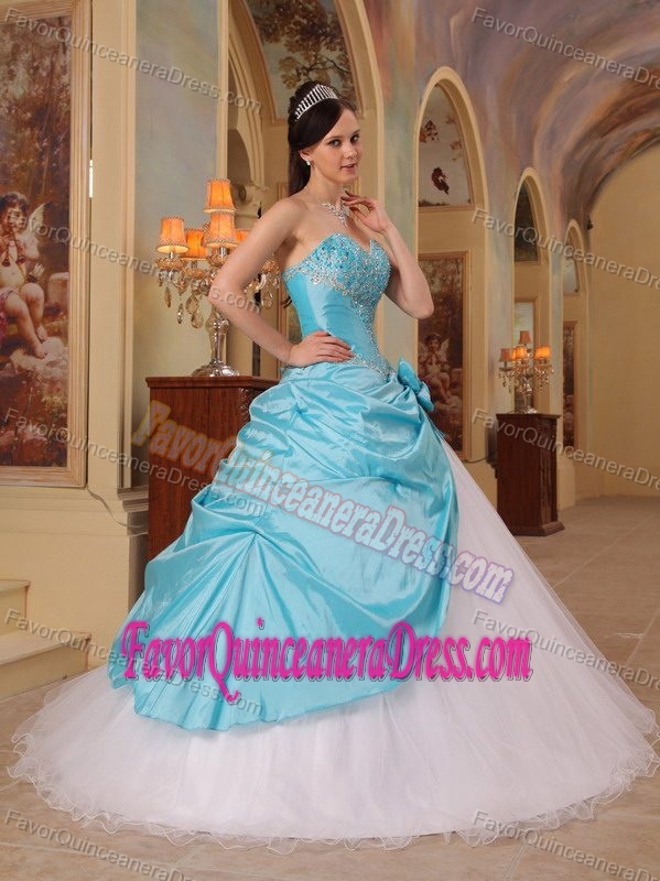 Blue Taffeta and White Tulle Sweetheart Dress for Quince with Beading and Flower