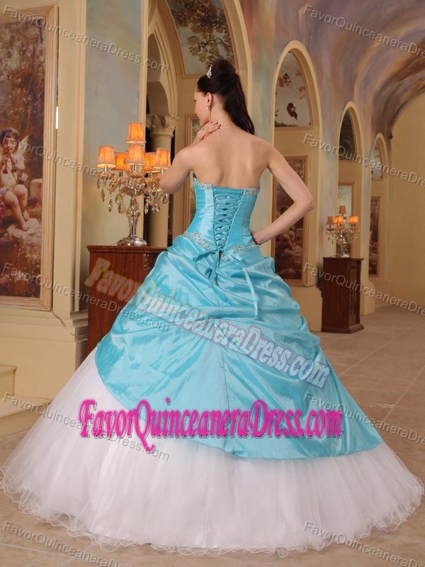 Blue Taffeta and White Tulle Sweetheart Dress for Quince with Beading and Flower