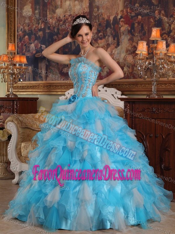 Perfect Flounced Appliqued Blue Organza Ruffled Quinceanera Dress with Flower