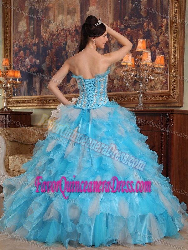 Perfect Flounced Appliqued Blue Organza Ruffled Quinceanera Dress with Flower