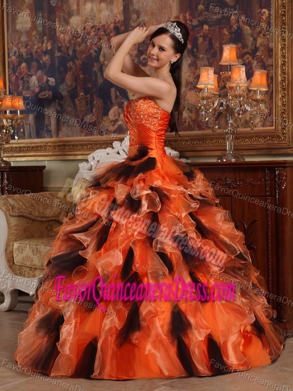 Orange and Black Strapless Floor-length Ruffled Quinceanera Dress with Beading