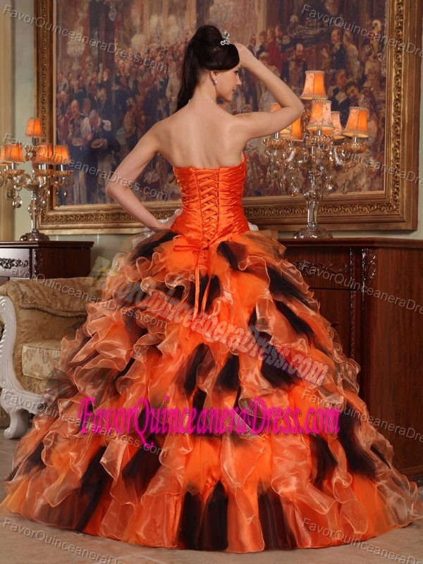 Orange and Black Strapless Floor-length Ruffled Quinceanera Dress with Beading