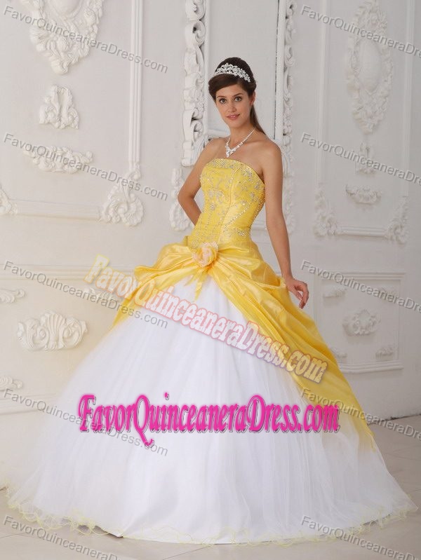 Pretty Yellow Taffeta and White Tulle Strapless Quinceanera Dress with Pick-ups