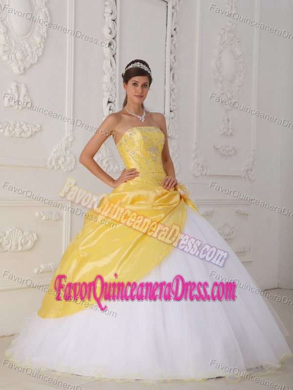 Pretty Yellow Taffeta and White Tulle Strapless Quinceanera Dress with Pick-ups