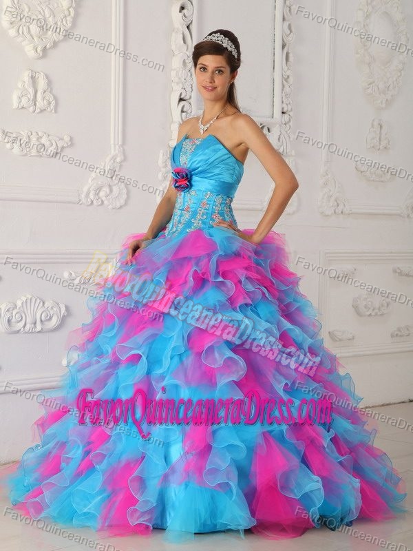 Strapless Blue and Fuchsia Appliqued Dress for Quince with Flowers and Ruffles