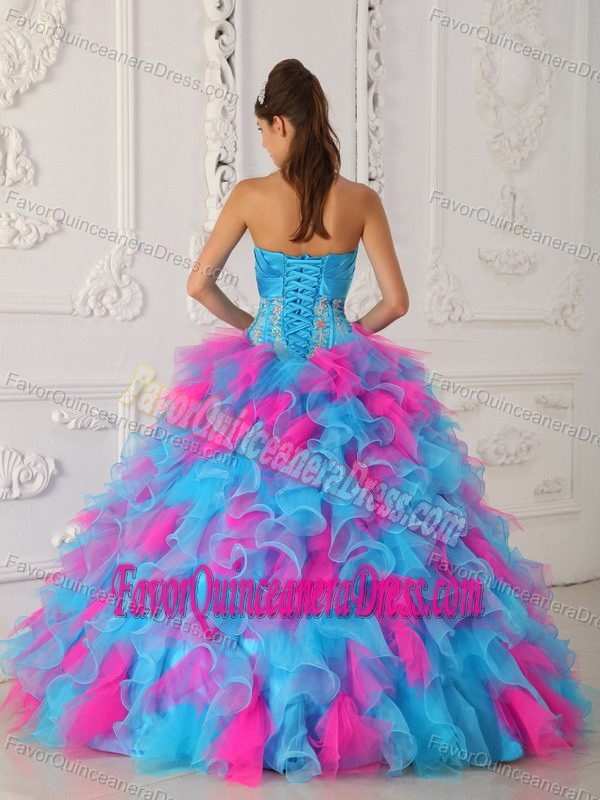 Strapless Blue and Fuchsia Appliqued Dress for Quince with Flowers and Ruffles