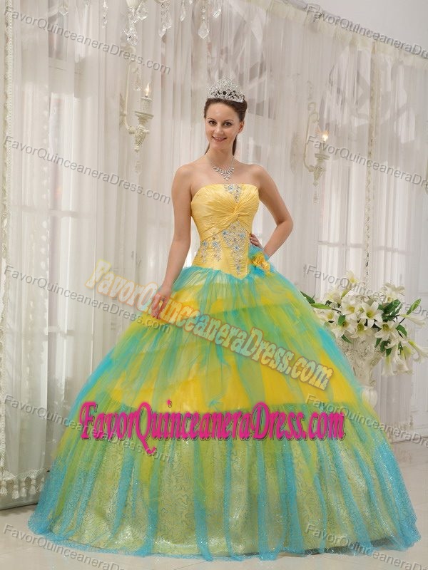 Yellow and Blue Strapless Tulle Quinceanera Dresses with Appliques and Flower