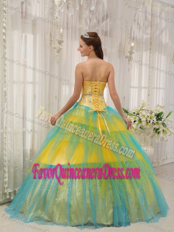 Yellow and Blue Strapless Tulle Quinceanera Dresses with Appliques and Flower