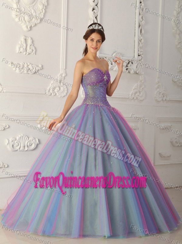 Lovely Sweetheart Floor-length Multi-colored Tulle Sweet 16 Dress with Beading