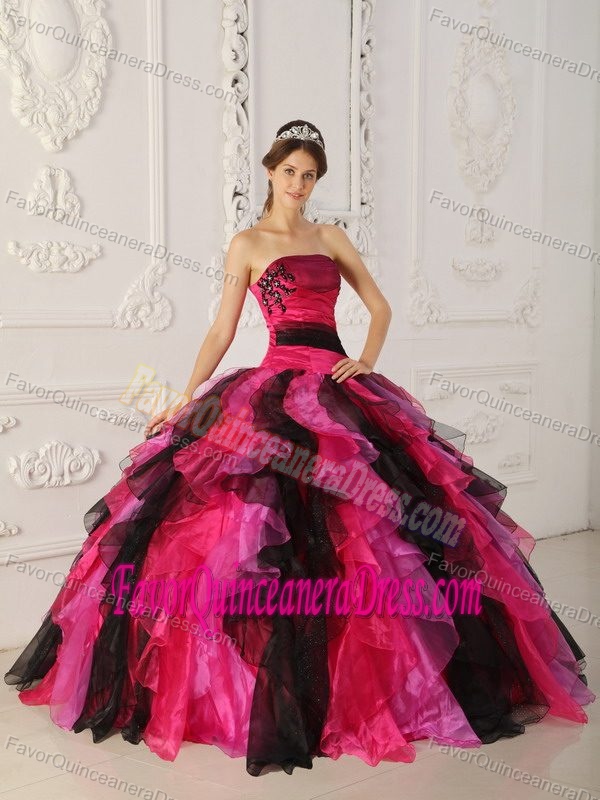 Multi-colored Strapless Organza Dresses for Sweet 16 with Appliques and Ruffles