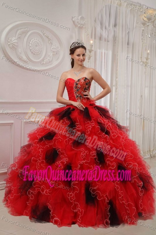 Sexy Red and Black Sweetheart Appliqued Organza Quinceanera Dress with Ruffles