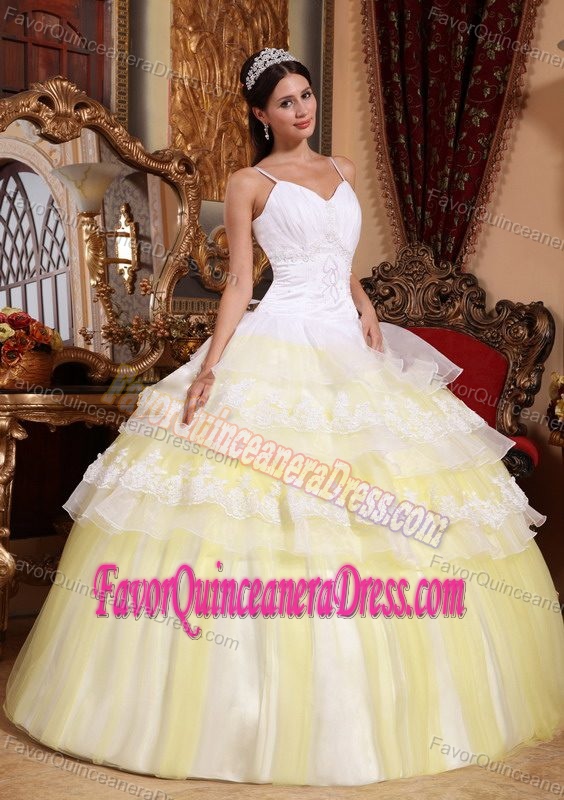 White Yellow Spaghetti Straps Organza Quinceanera Dress with Appliques and Lace