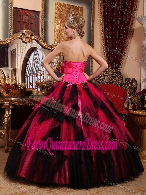 Perfect Strapless Red and Black Tulle Quince Dresses with Ruffles and Bow
